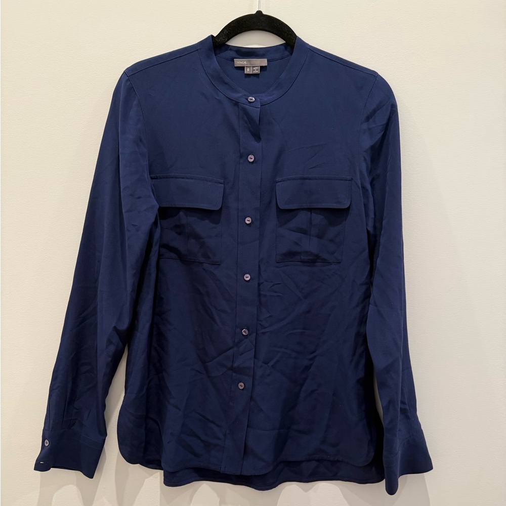 Vince navy long sleeved silk collarless shirt